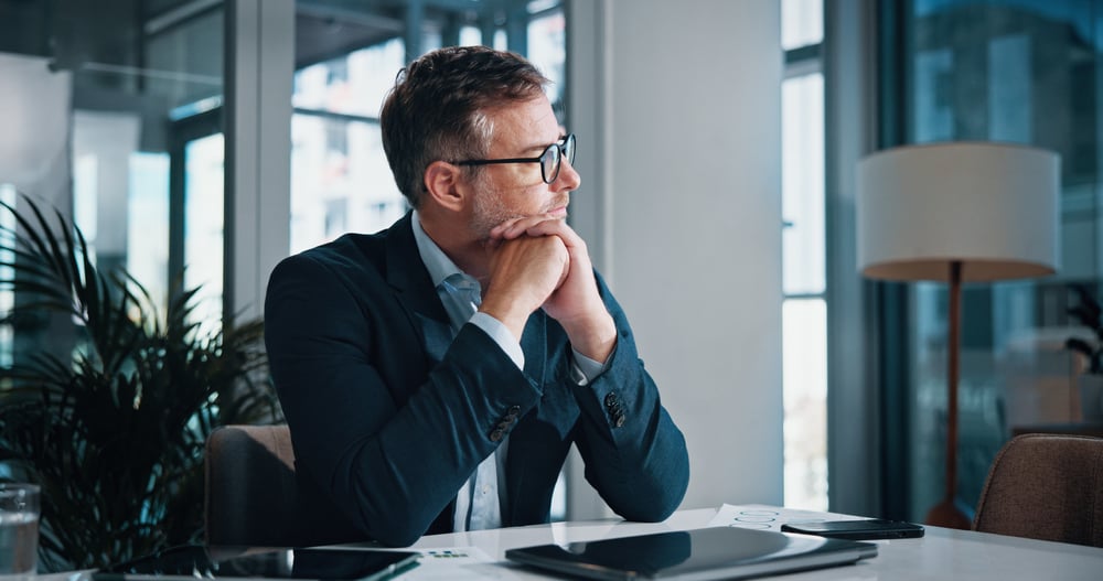 Business, thinking and man in office